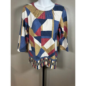 ALFRED DUNNER Multicolor Studded Detail Crew Neck Cotton Blend T-Shirt Top M